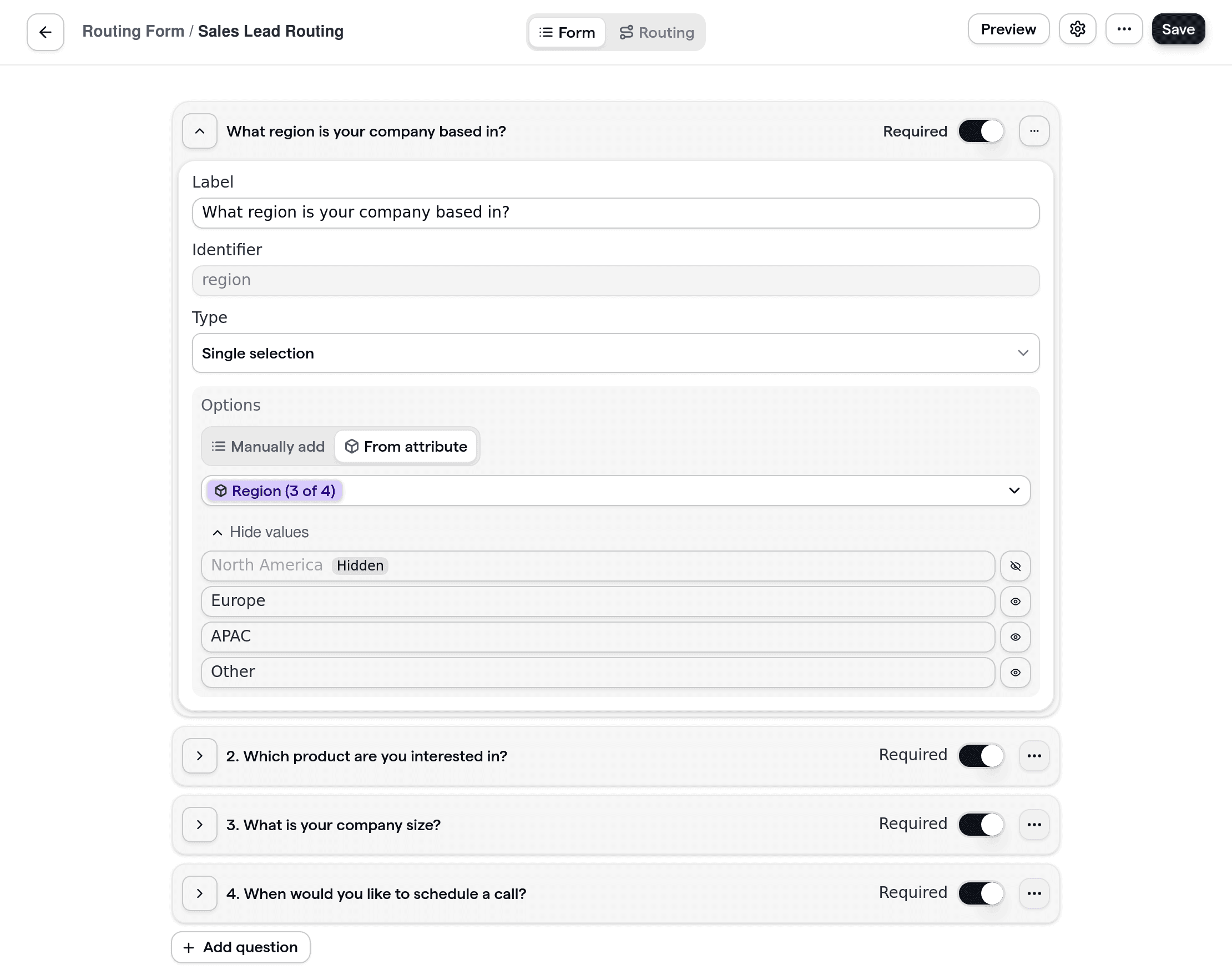 Sales and business development routing form showing industry-specific questions for qualifying and segmenting leads.