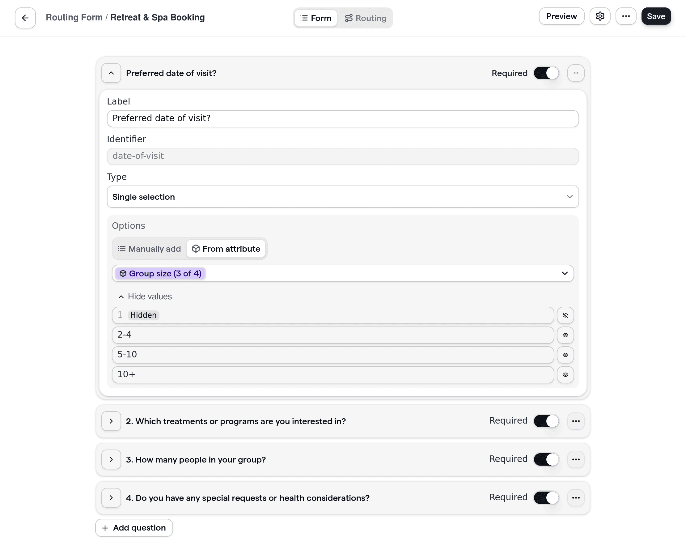 Cal.com routing form for wellness retreats and spas, showing custom fields for treatments, group size, and special requests.
