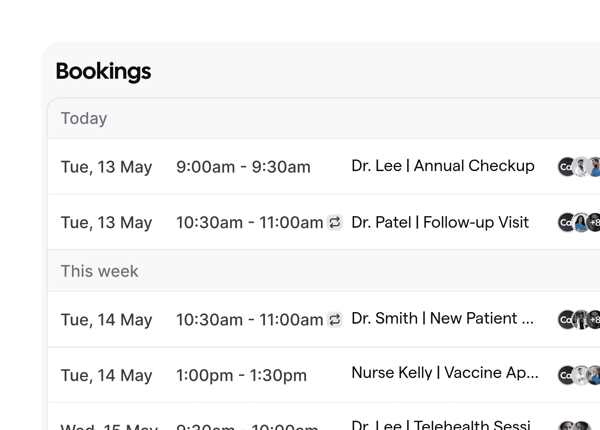 Bookings dashboard showing a list of scheduled healthcare appointments with provider names, dates, and patient details.