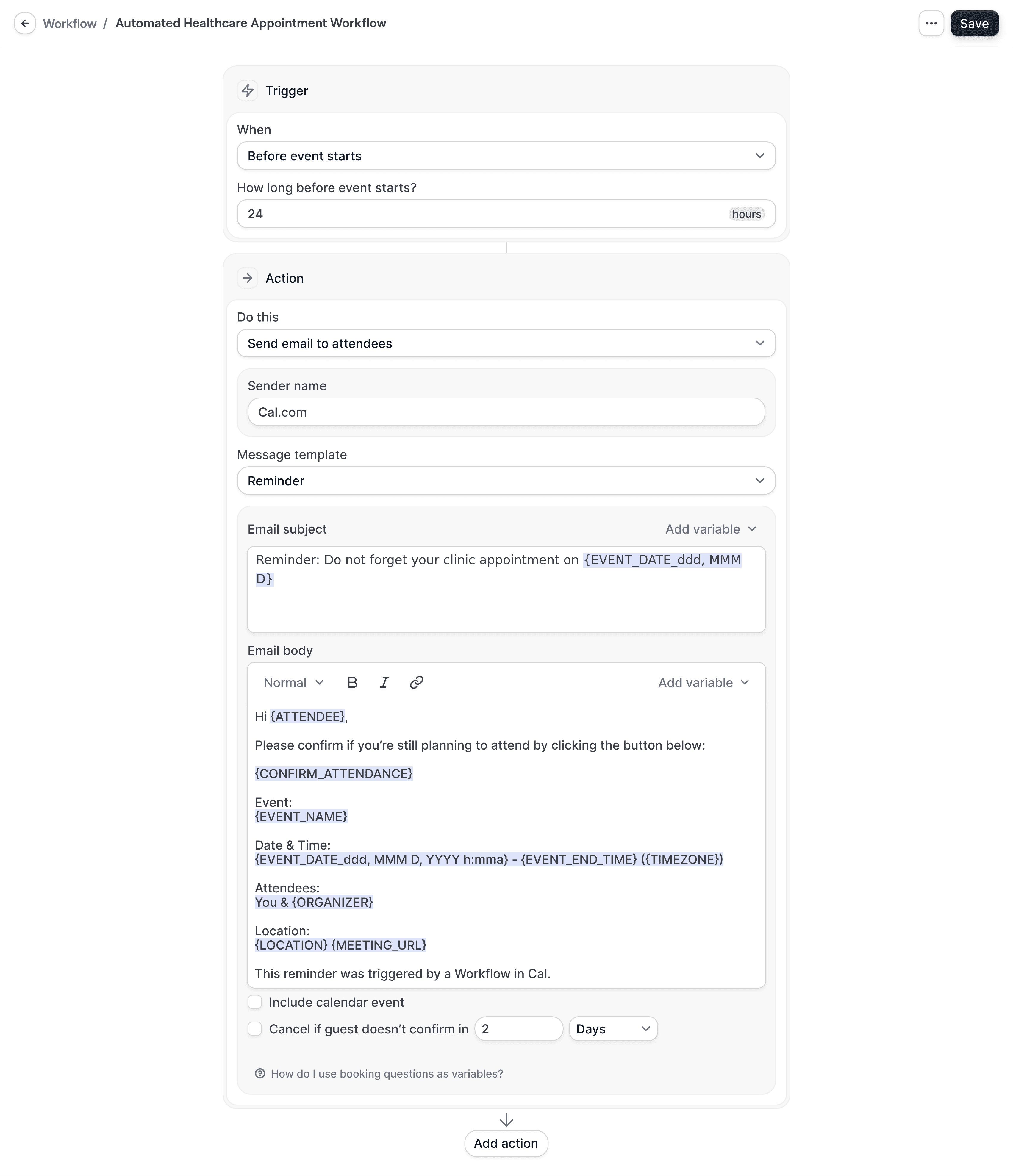 Screenshot of a Cal.com automated workflow sending a patient a healthcare appointment reminder email 24 hours before their visit.