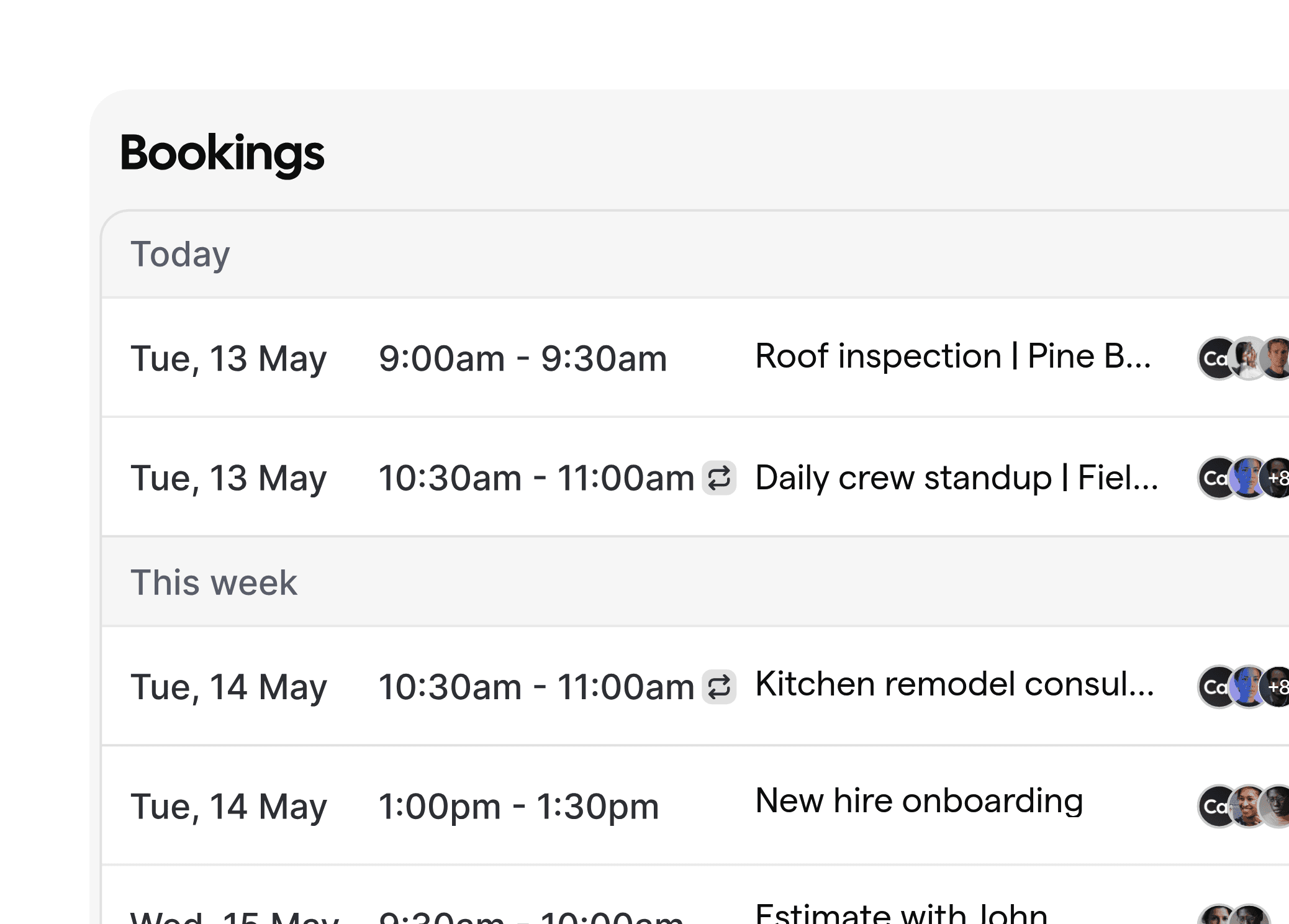Image of a bookings dashboard listing contractor estimates and site visits organized by Today and This week.