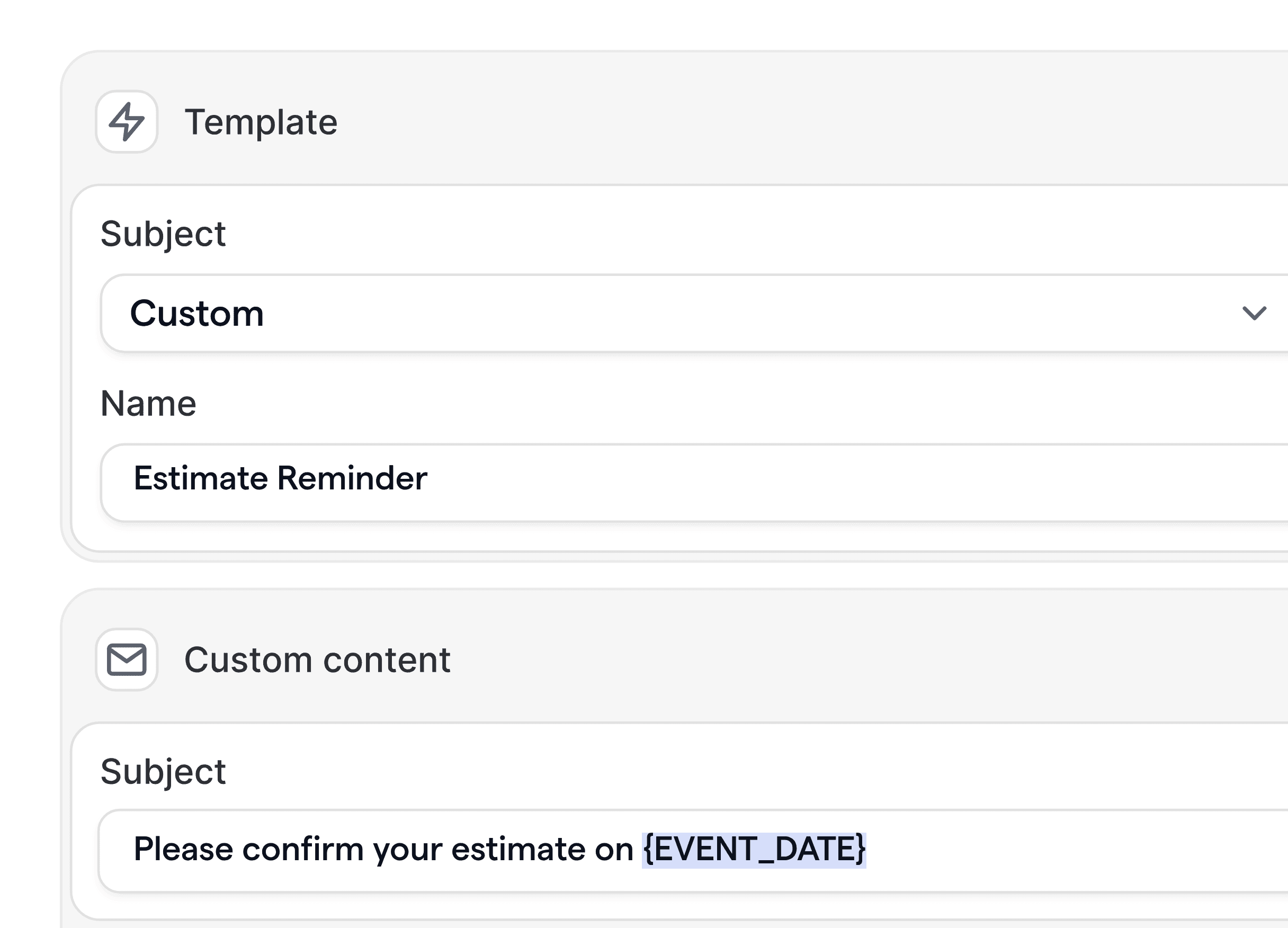 Image of a branded email template for contractor estimate reminders with editable subject and variables.