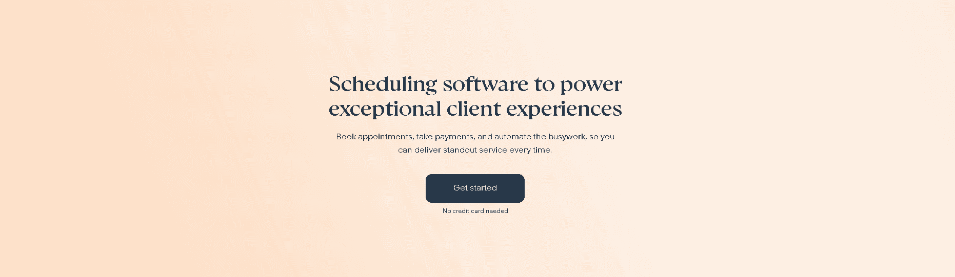 Acuity Scheduling homepage banner featuring the headline "Scheduling software to power exceptional client experiences" with a "Get started" button.