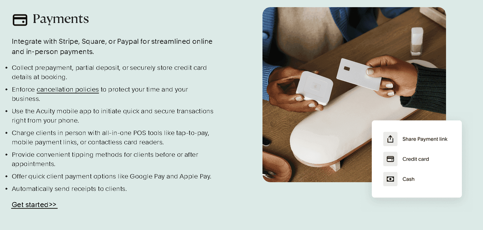 A visual guide to Acuity Scheduling payment features showing Stripe, Square, and PayPal integration options with a photo of a customer using a card reader.