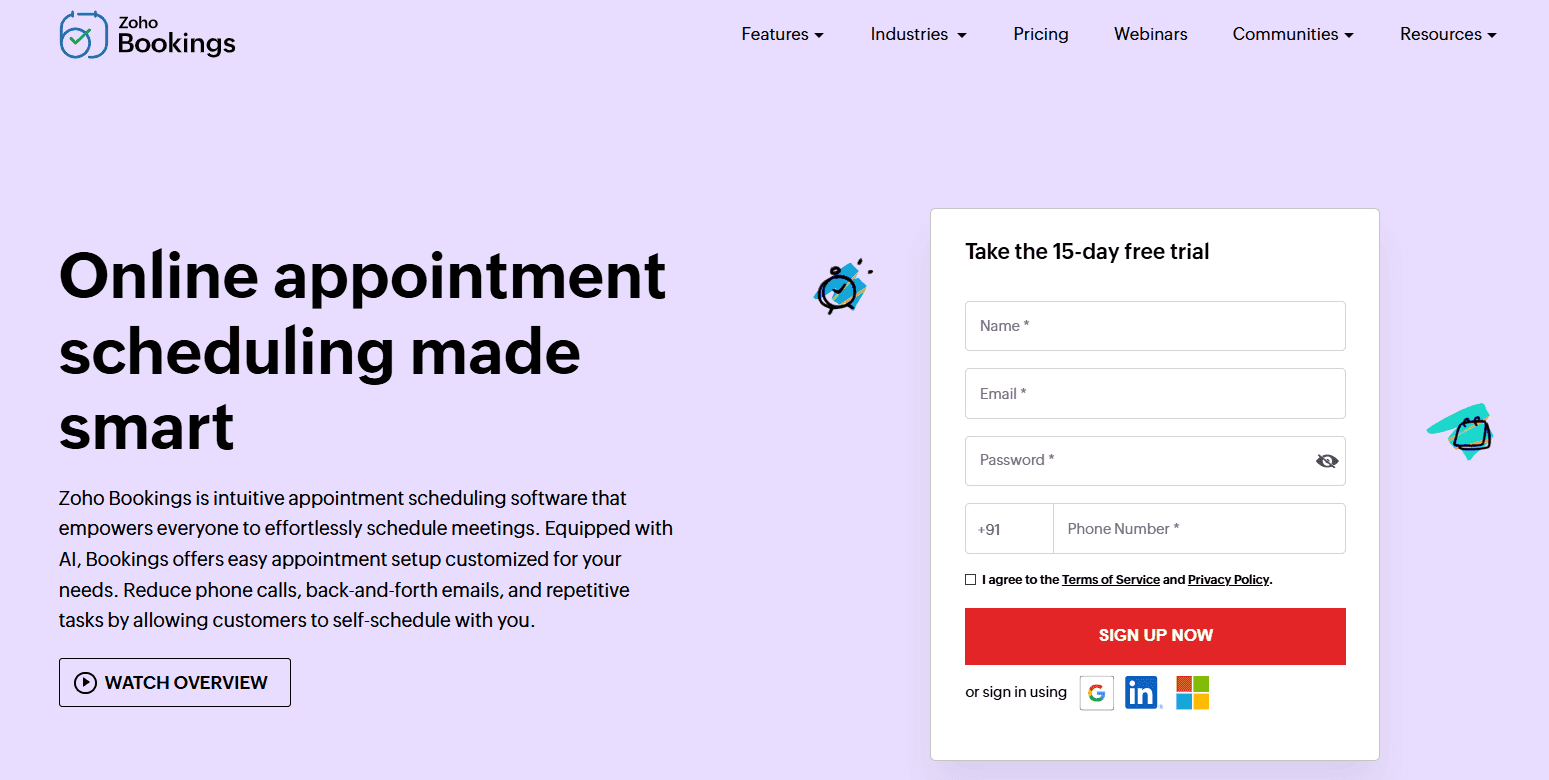 Homepage screenshot of Zoho Booking showcasing navigation bar and the hero section