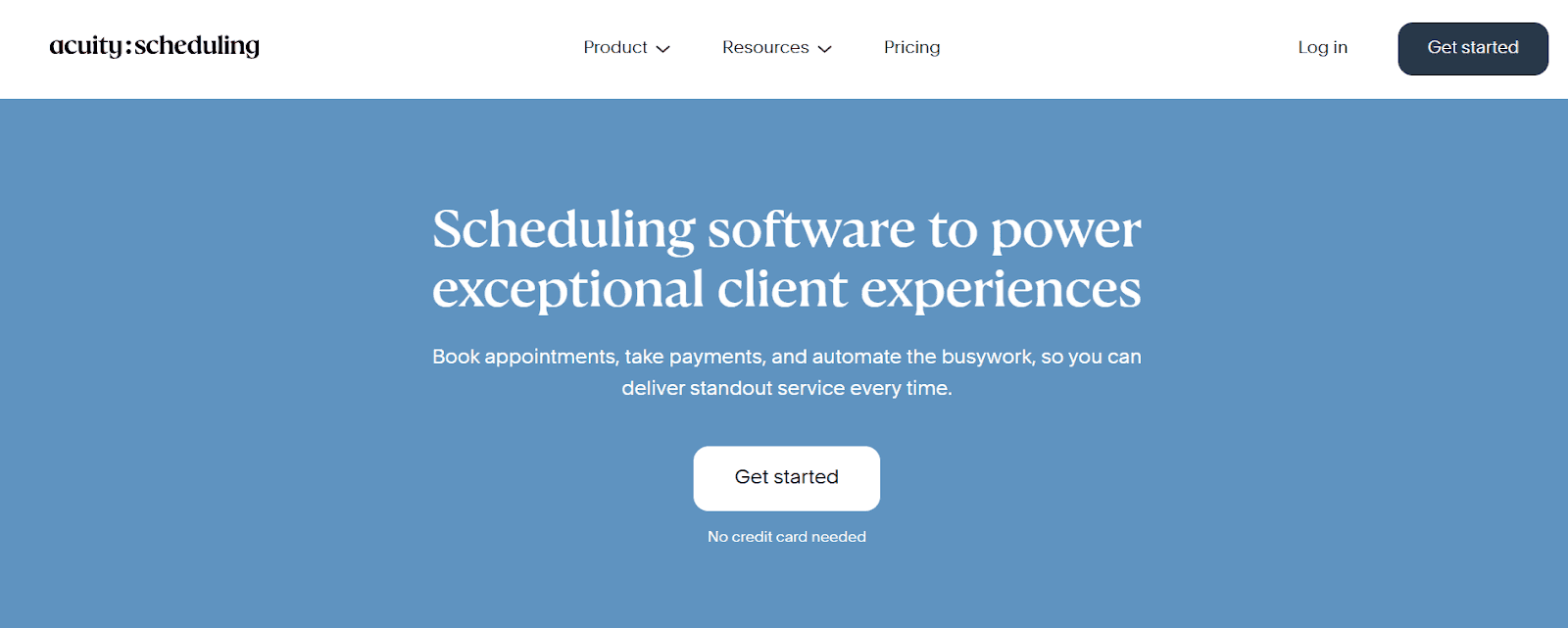 Homepage screenshot of Acuity Scheduling showcasing navigation bar and hero section