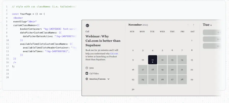 Open source calendar showing a scheduling interface and highlighted event date with Tailwind CSS styling code snippet