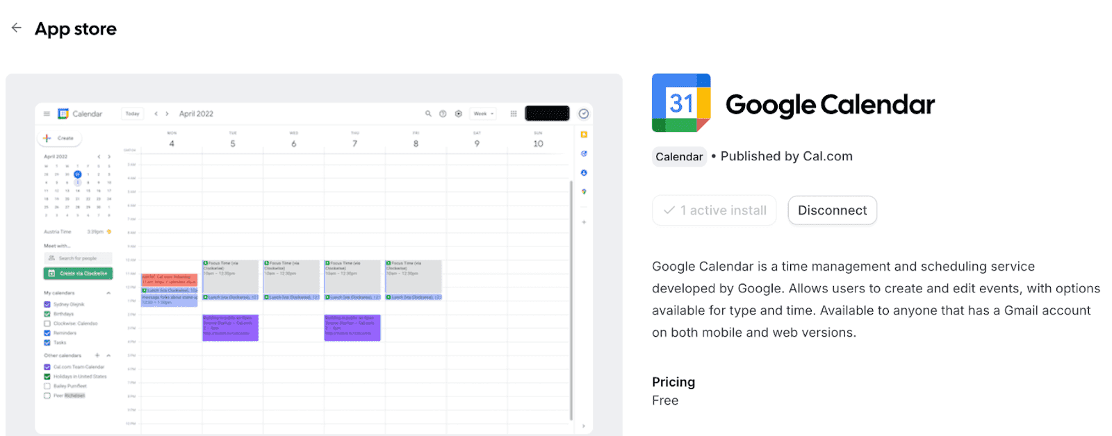 The Google Calendar app in the Cal app store